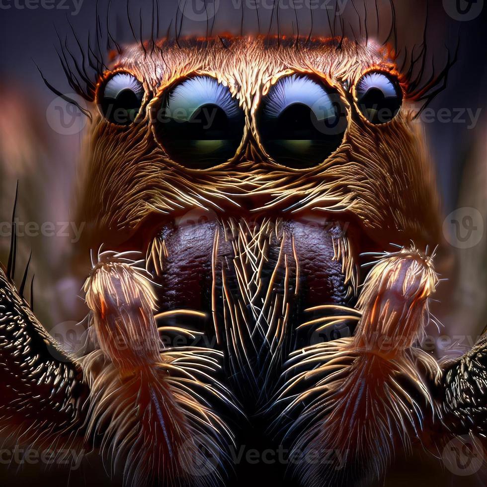 Jumping spiders are small, agile predators known for their impressive jumping ability and striking appearance, with large, intelligent eyes. photo