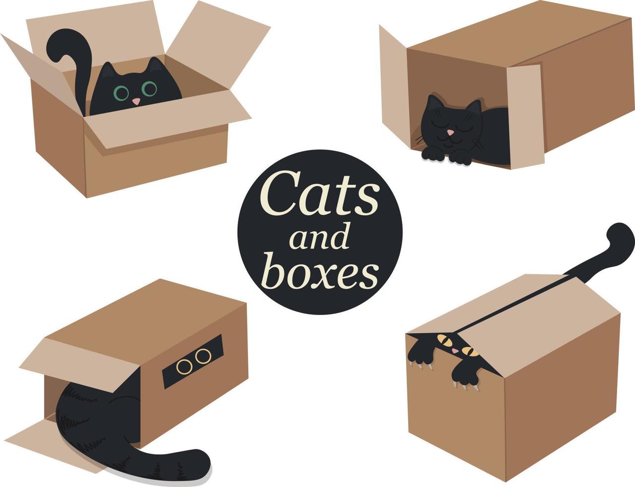 Set of funny illustrations of a black cat in a cardboard box. Pet in the house. Cat hiding in a box. Flat style vector image