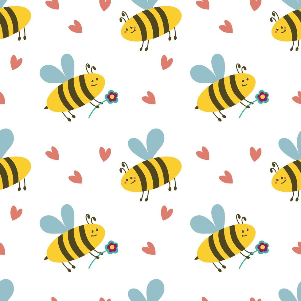 Seamless pattern with bees and hearts. World Bee Day. For textile, canvas, background or wrapping paper. Flat vector illustration