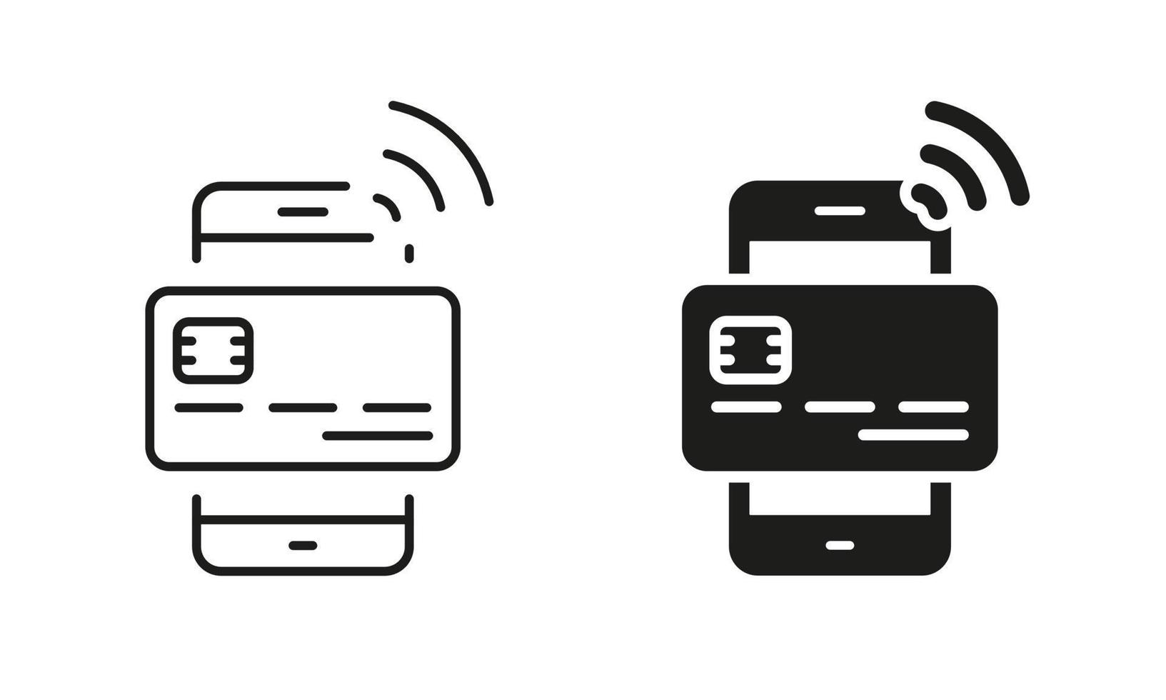 Credit Card with Mobile Phone Wireless Payment Line and Silhouette Icon Set. Electronic Bank Technology Pictogram. Smartphone App for Pay Symbol Collection. Isolated Vector Illustration.