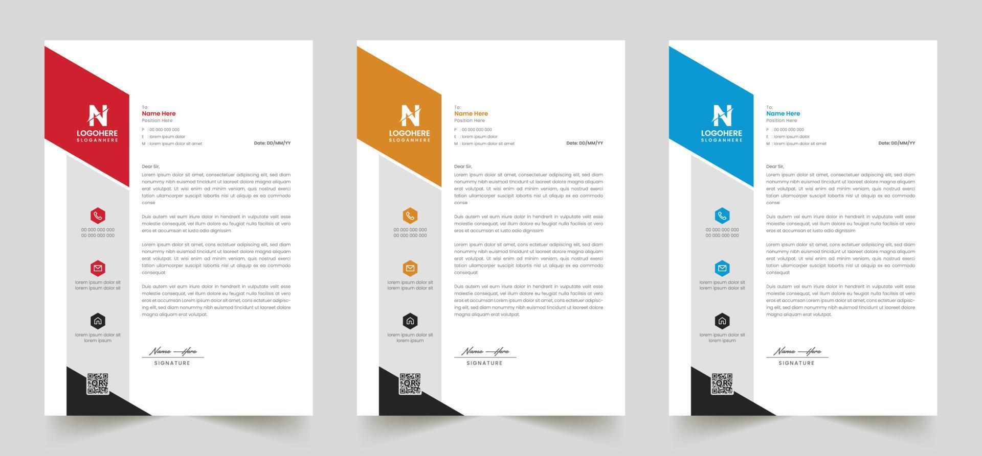 Multipurpose corporate businesses template with a4 size. a stationery item with modern letterhead. green, blue, red, and yellow with four color variations. vector
