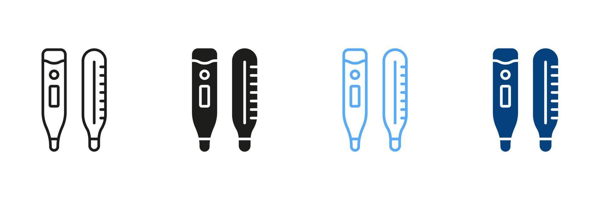 Medical Tool for Temperature Control Pictogram. Thermometer Line and Silhouette Icon Set. Electronic and Mercury Thermometer Black and Color Symbol Collection. Isolated Vector Illustration.