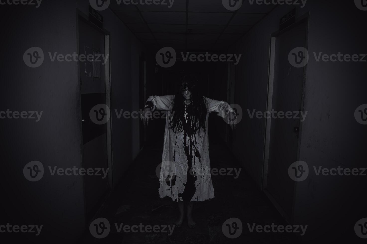 Portrait of asian woman make up ghost,Scary horror scene for background,Halloween festival concept,Ghost movies poster,angry spirit in the apartment photo