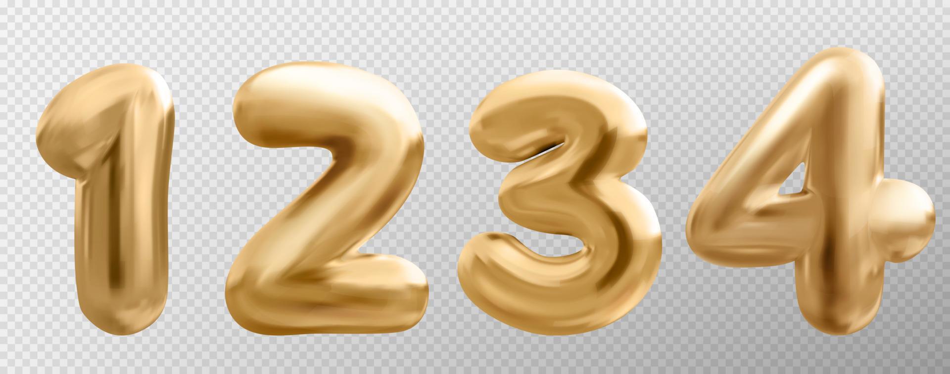 3d gold balloon number font, realistic metal type vector