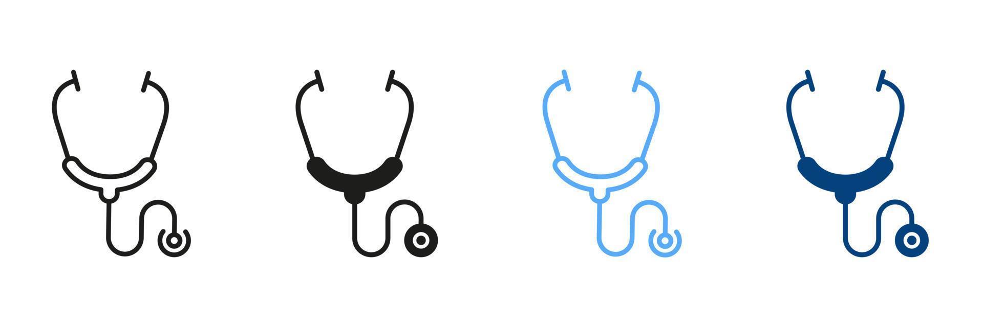 Stethoscope Line and Silhouette Icon Set. Doctor's Instrument, Health Care Black and Color Symbol Collection. Medical Tool for Heart Illness Diagnosis Pictogram. Isolated Vector Illustration.