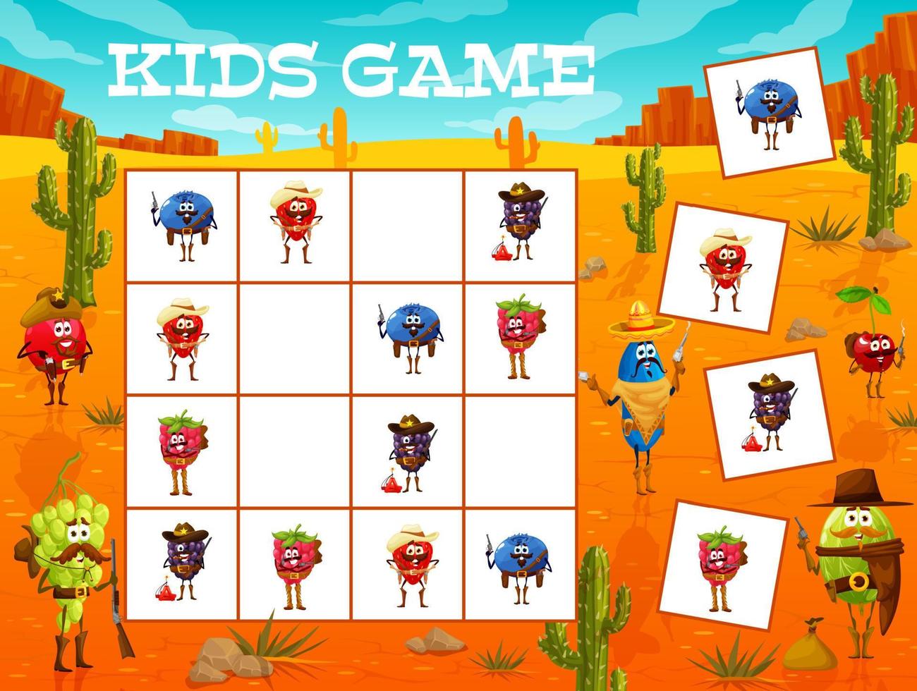 Sudoku kids game Wild west berry rangers, cowboys vector