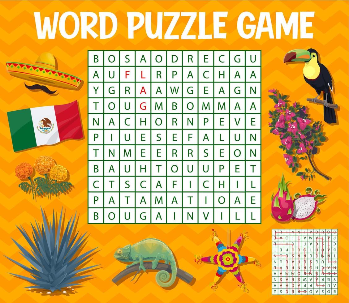 Mexican food, animals, symbols, word search puzzle vector