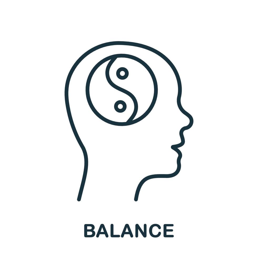 Balance, Wellness, Harmony Line Icon. Yin Yang Sign in Human Head Linear Pictogram. Meditation for Balance Outline Sign. Intellectual Process Symbol. Editable Stroke. Isolated Vector Illustration.