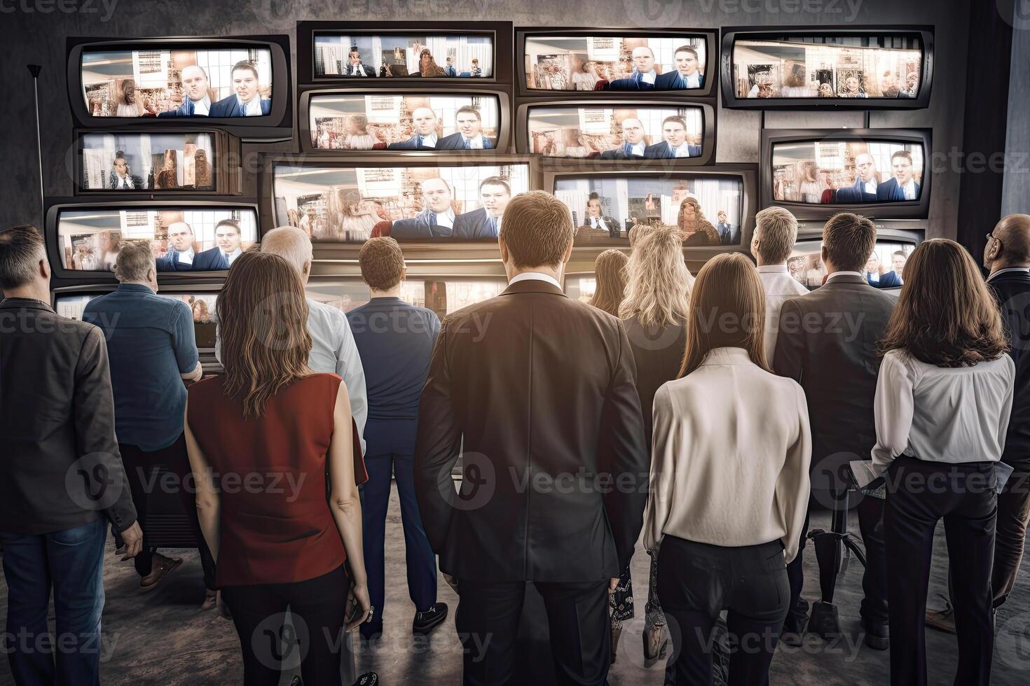 People watching a lot of retro televisions. Propaganda and fake news concept. Politicians manipulate society with help of public television. Created with photo