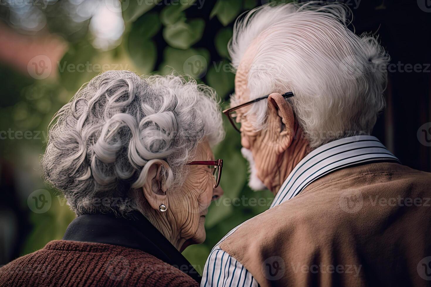 Back view of an elderly couple outdoors. Elderly man and woman are walking together, having romantic relationship. Happy old age. Created with photo