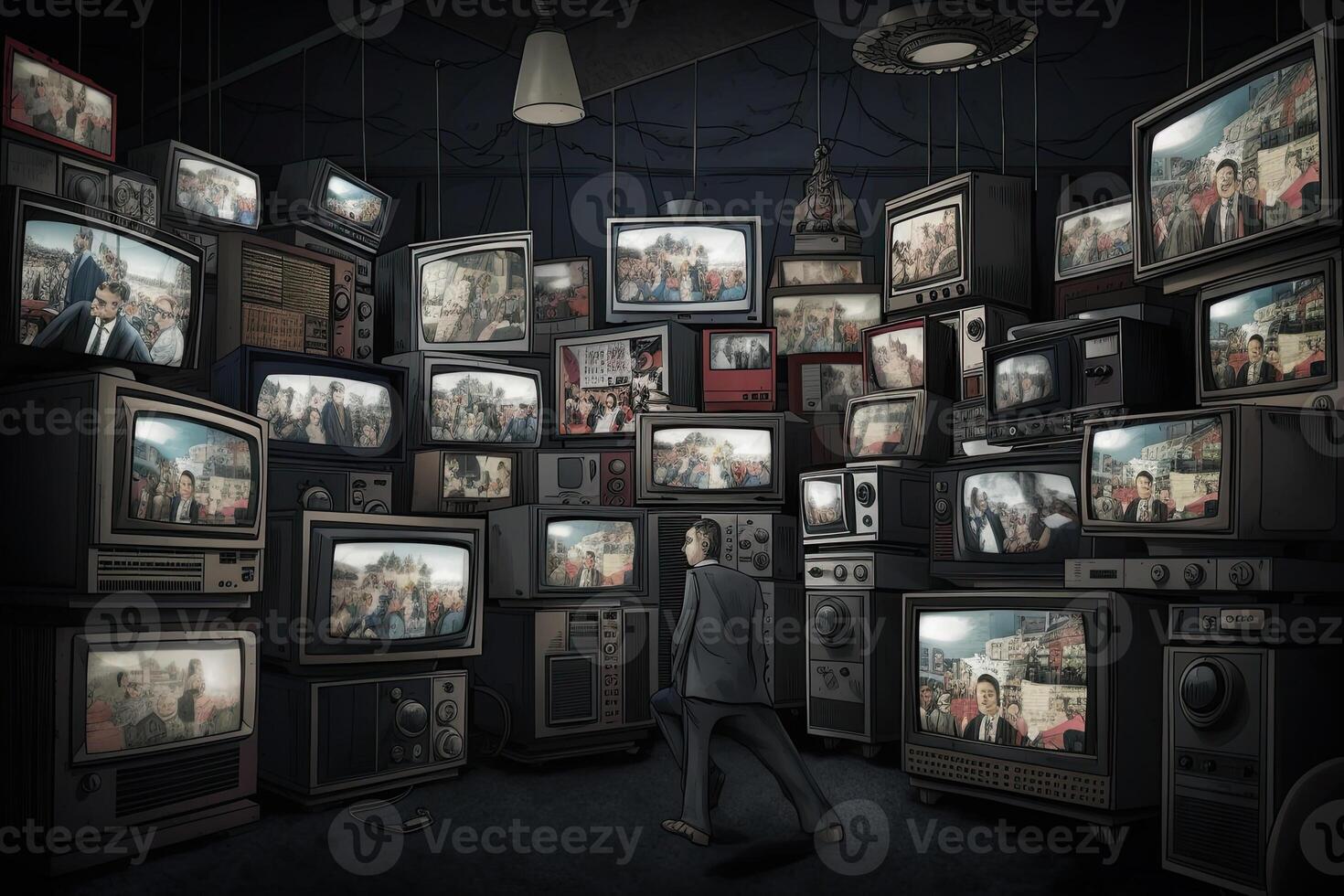 A lot of retro televisions in dark room. Propaganda and fake news concept. Politicians manipulate society with help of public television. Created with photo