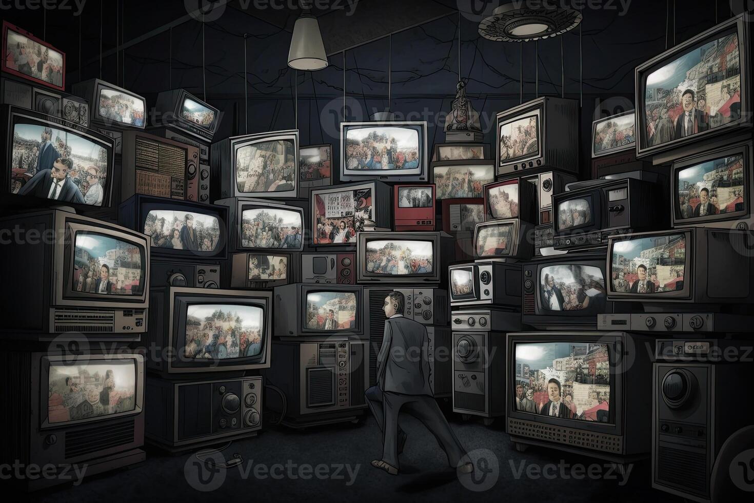 A lot of retro televisions in dark room. Propaganda and fake news concept. Politicians manipulate society with help of public television. Created with photo