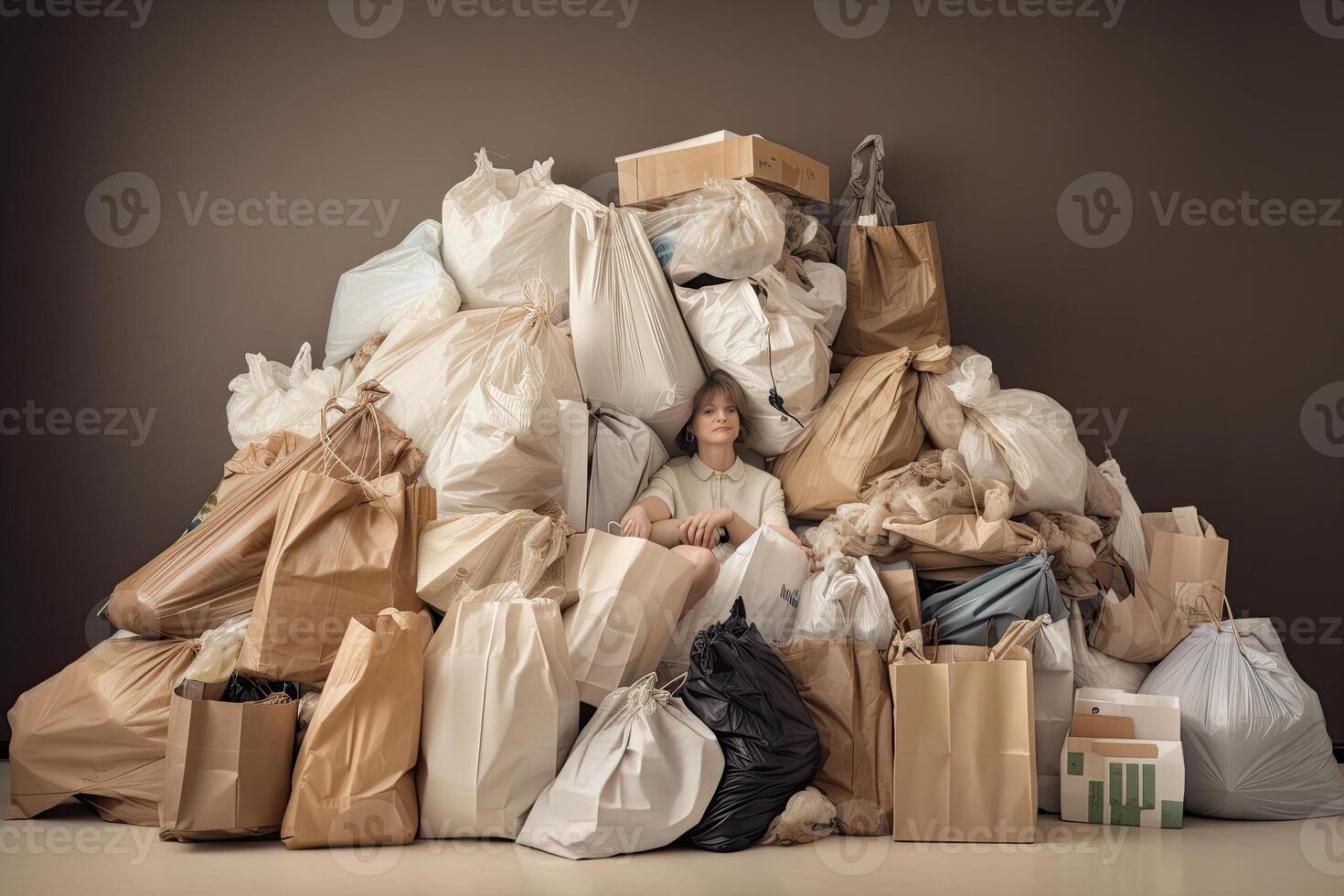 Woman sits in pile of shopping bags. Concept of shopaholism, overconsumption and buying unnecessary things. Created with photo