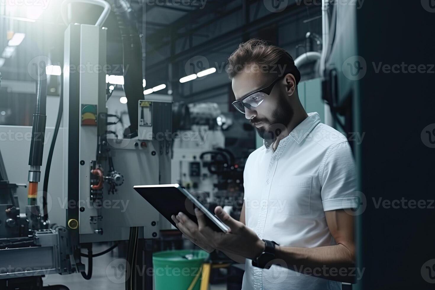Engineer with tablet computer at factory workplace. Industrial worker controls operation of robotic production line. Created with photo