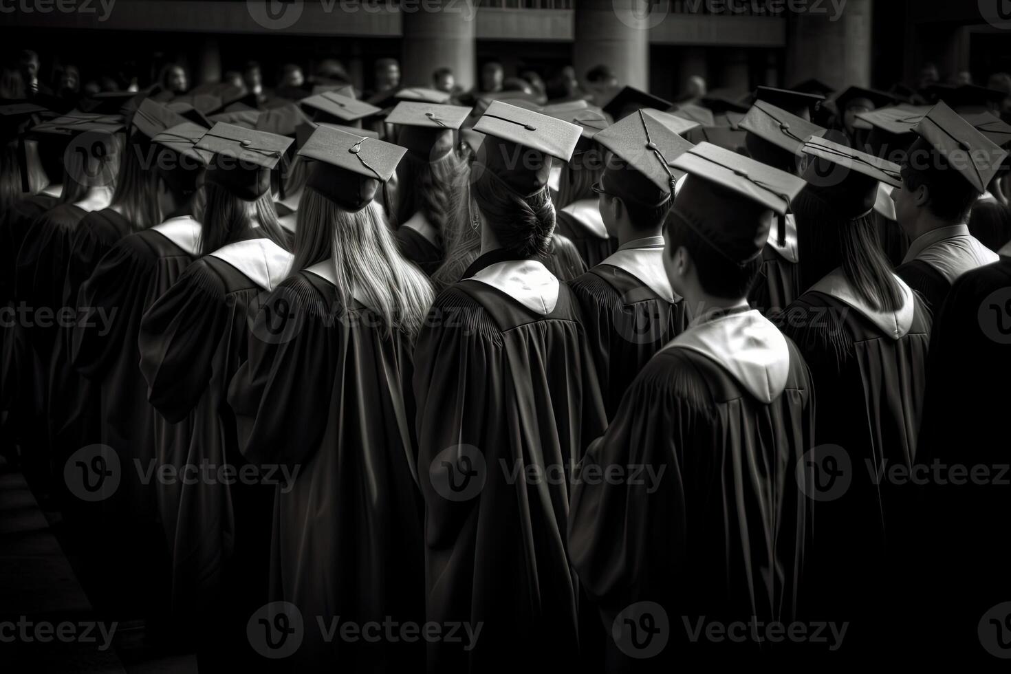 Back view of graduates in mortar boards and bachelor gowns on graduation ceremony at the university. Successful graduation from college or high school. Created with photo