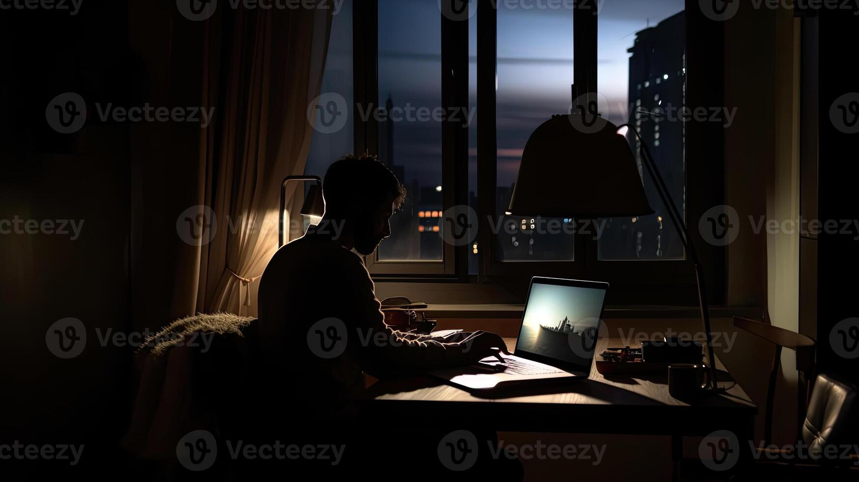 Man works from home use laptop at night, overwork burnout, freelancer works remote at home workplace. Created with photo