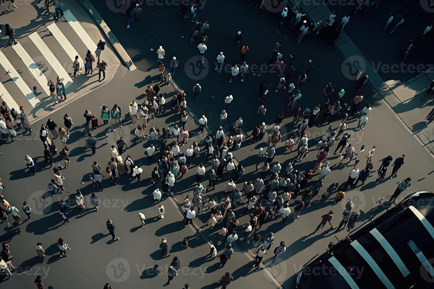 People walking at city street, aerial view. Protesting crowd. Created with photo