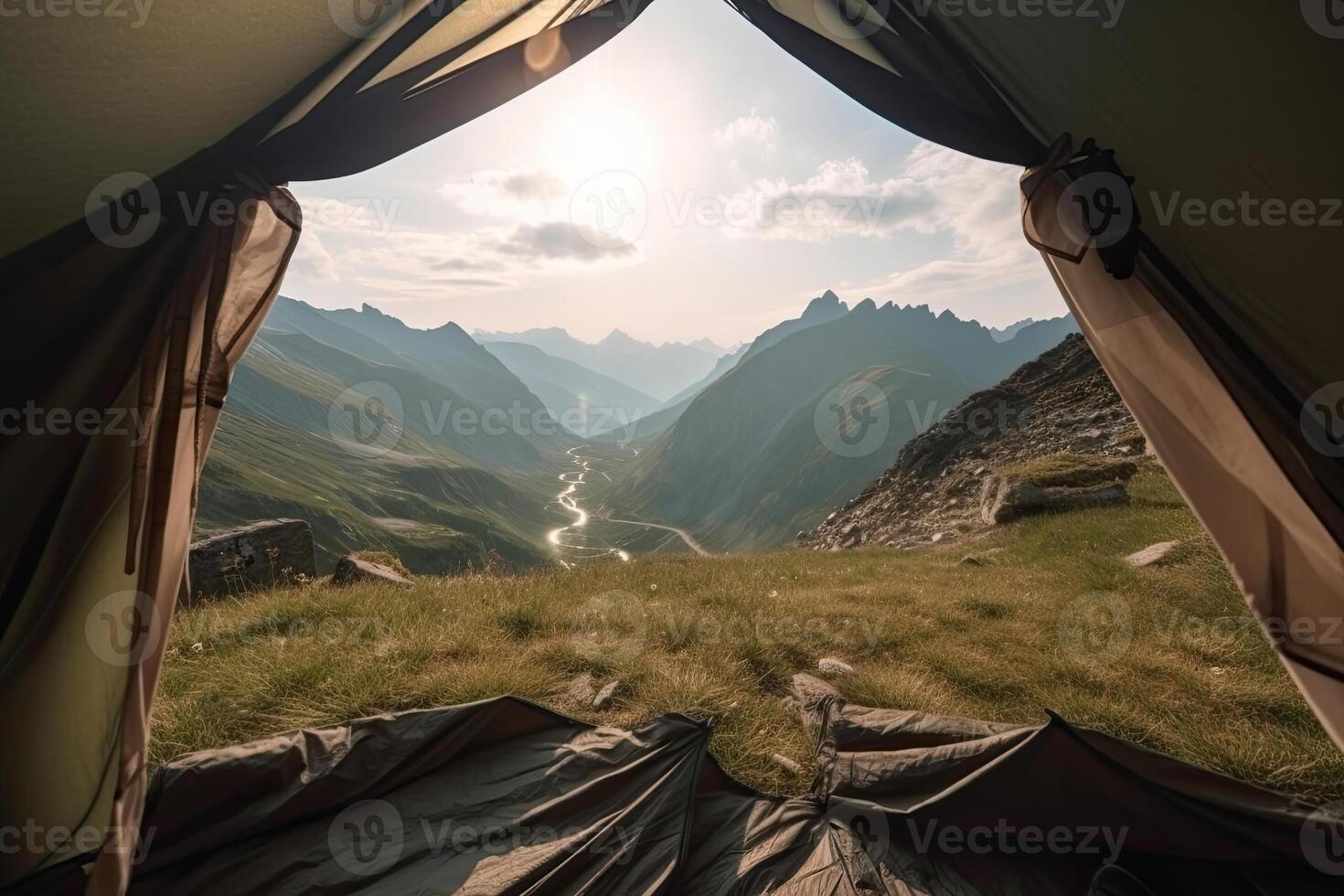 Amazing view from inside tent to mountain landscape. Camping during hike in mountains, outdoor activities. Created with photo