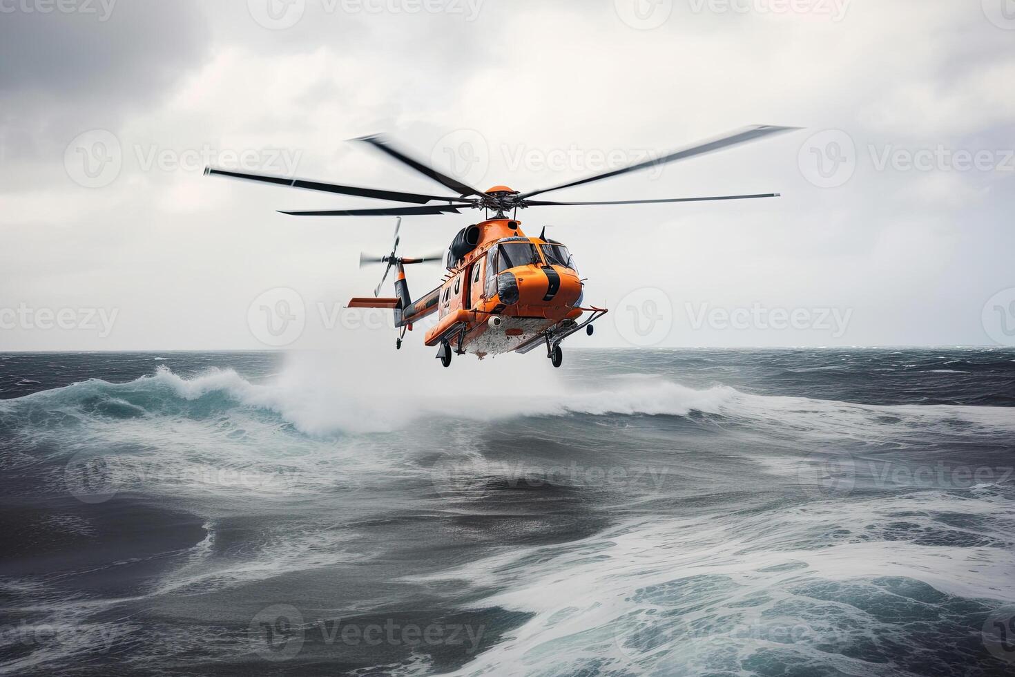 Search and rescue operation in sea. Emergency rescue helicopter flies over sea surface, looking for victims after crash. Created with photo