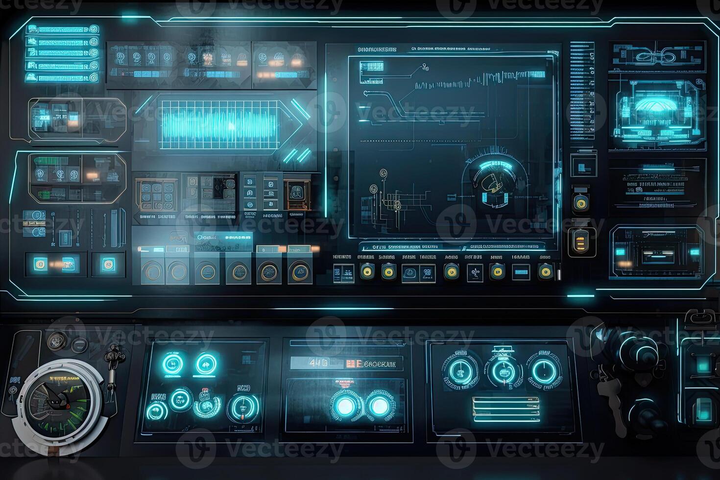 Futuristic central control panel. Operator workplace with a lot of screens and buttons for monitoring technology process at production line. Created with photo