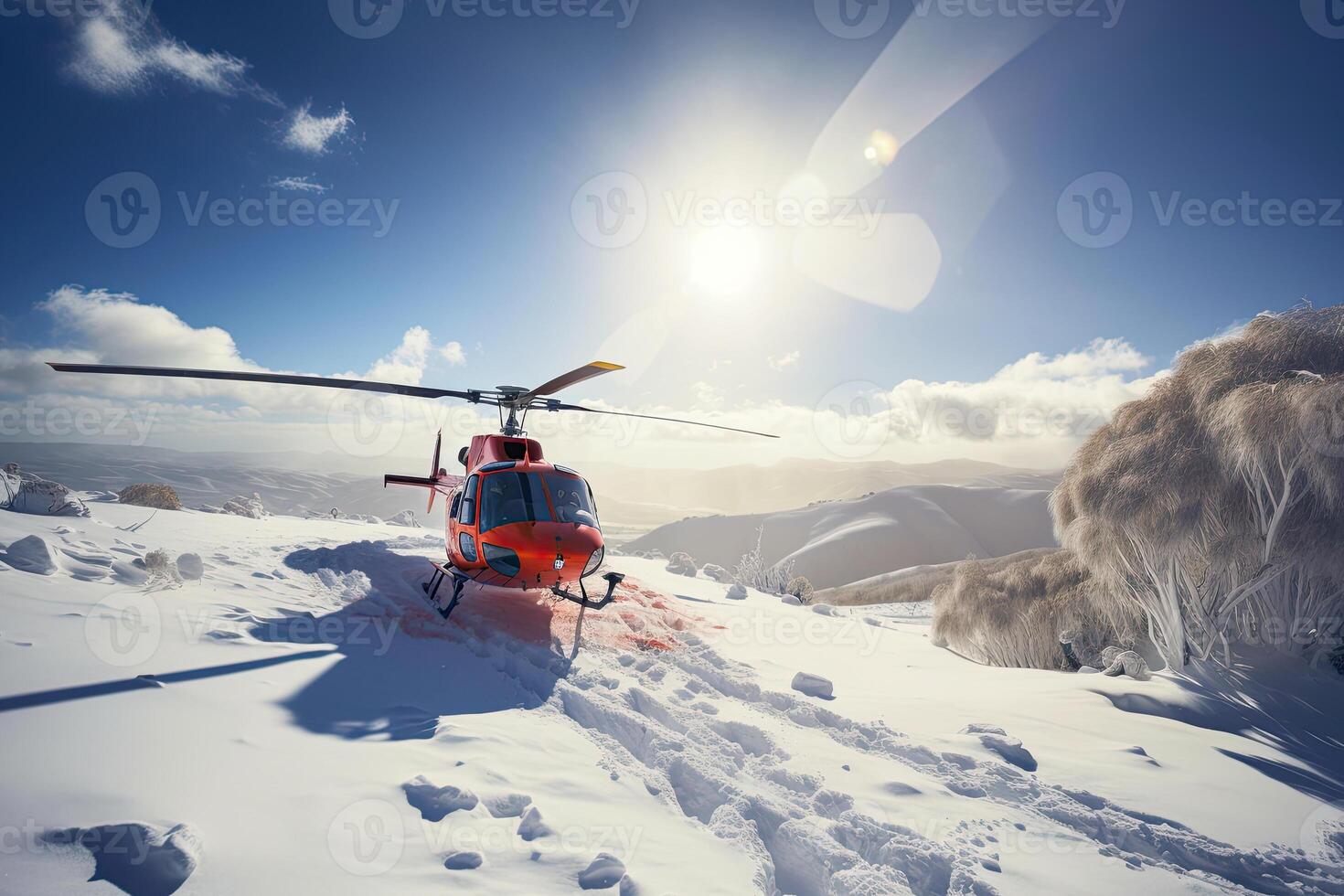 Search and rescue operation in mountains. Medical rescue helicopter landing in snowy mountains. Created with photo