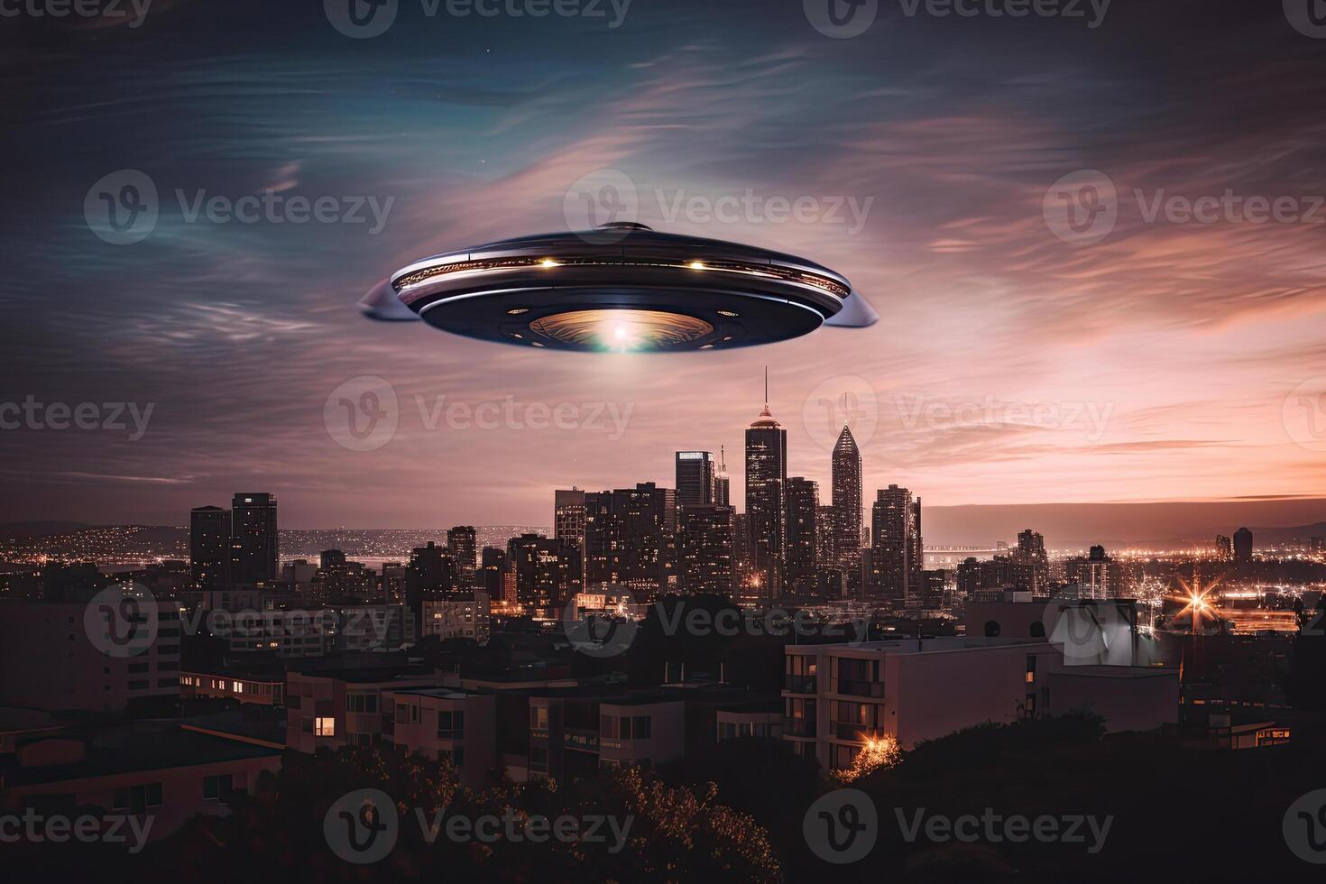 Flying saucer flying in the sky over night city. UFO invasion. Alien abduction. Created with photo