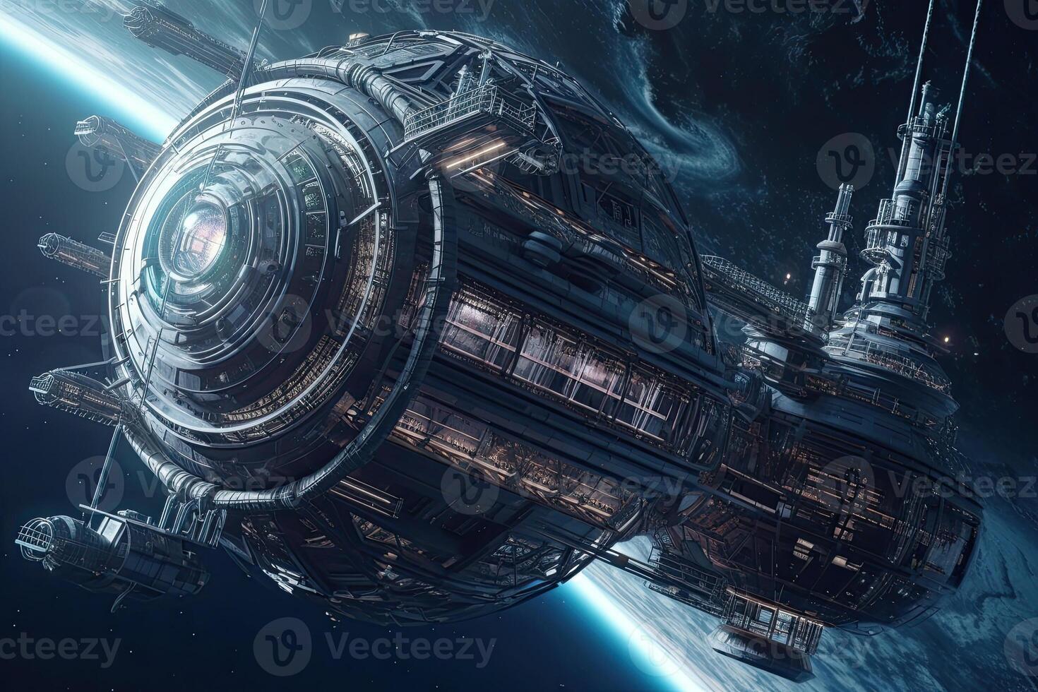 Futuristic space station on planet orbit. Spaceship in outer space. Created with photo