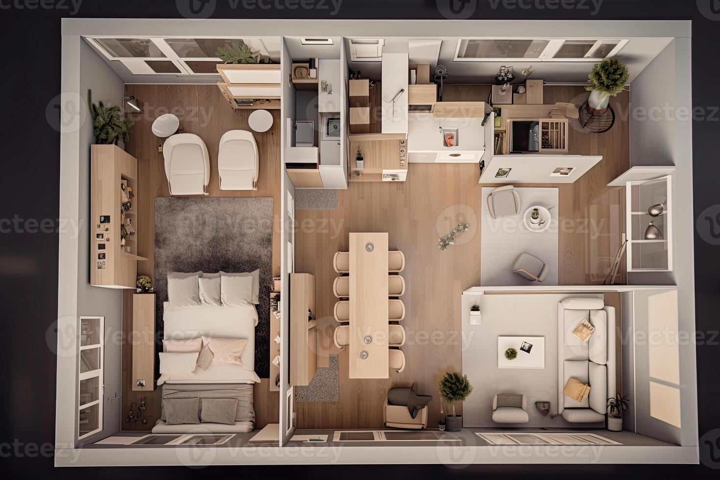 Apartment visualization, design project. Architectural plan for renovation. Living room interior, top view. Created with photo