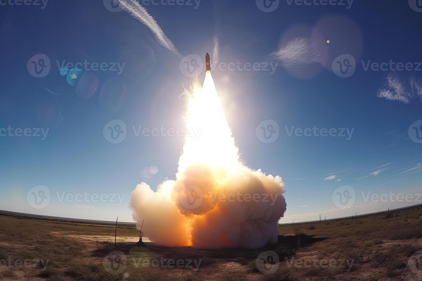 Rocket launch from cosmodrome. Fight of space rocket in blue sky. Space mission. Space Shuttle takeoff. Created with photo