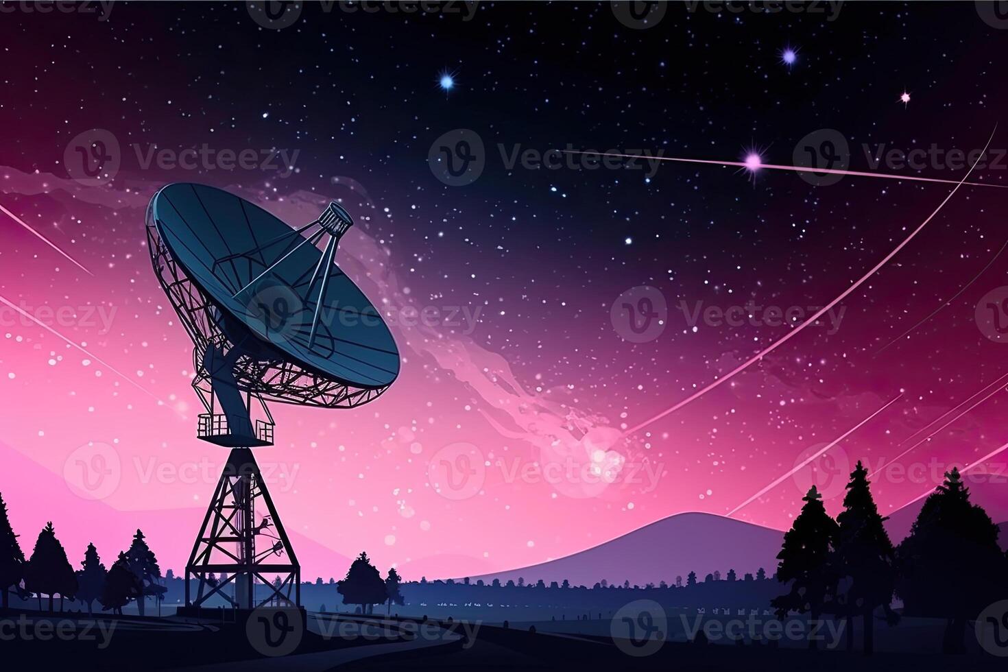 Radio telescope at starry night. Antenna for of space signals research. Space observatory. Created with photo