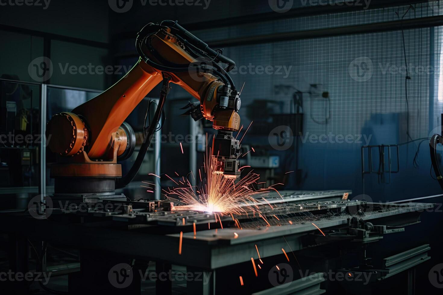 Robotic arm works on welding. Conveyor line at factory. Automatic welding. Created with photo