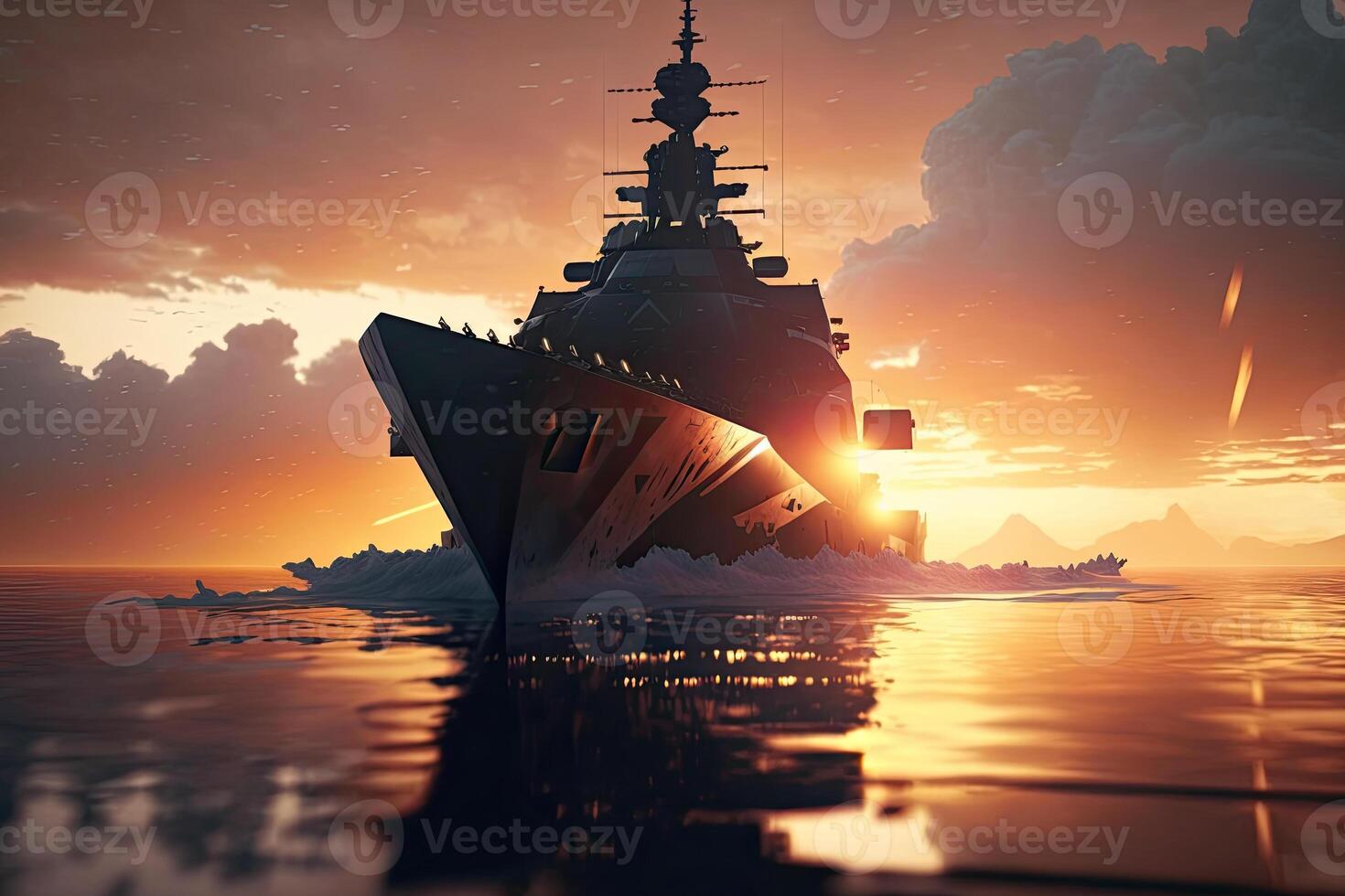 Modern warship in the sea at sunset. Military force ship sailing in ocean. Created with photo