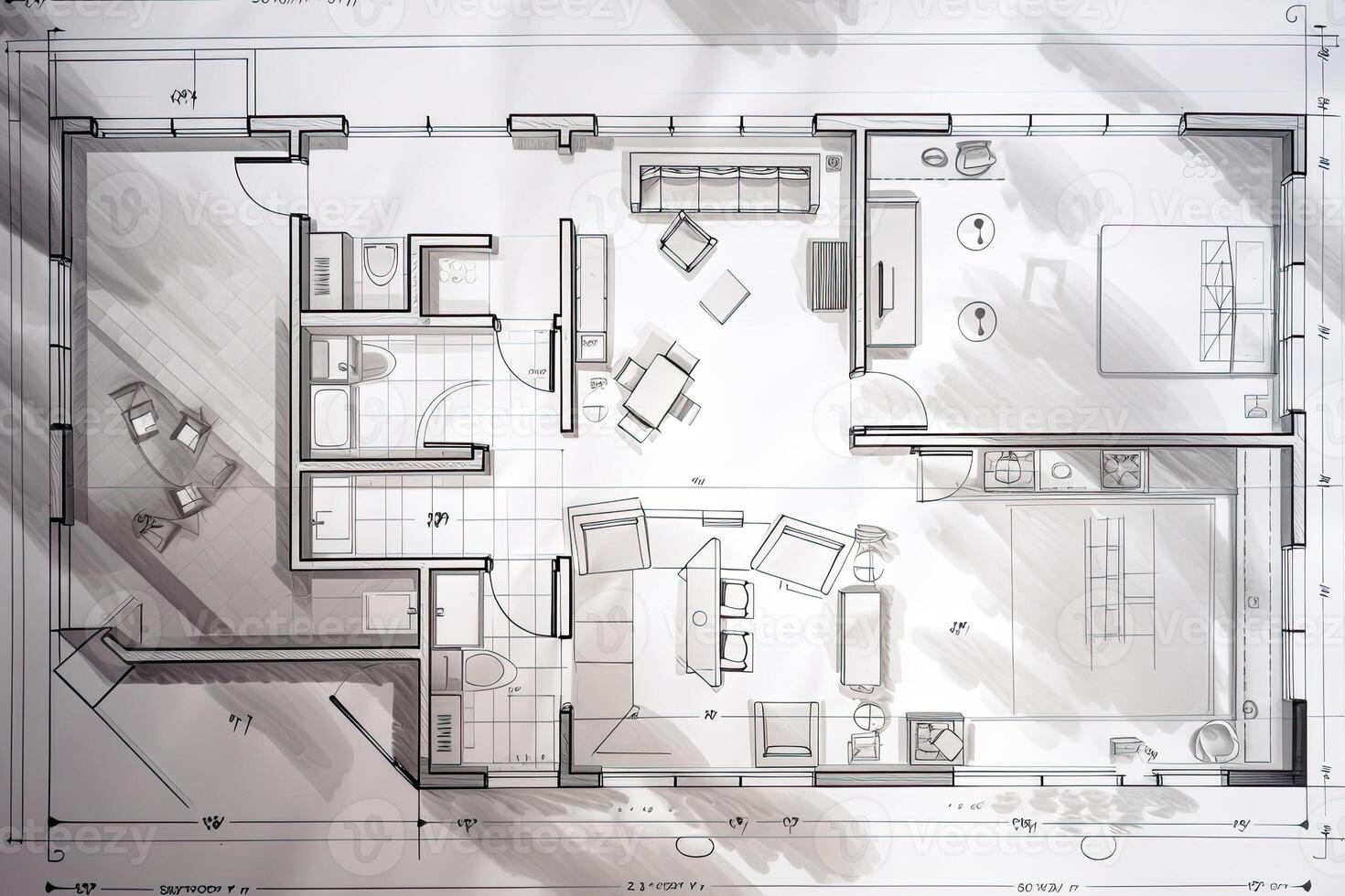 arquitectónico plan en blanco papel. técnico proyecto de vivo habitación. dibujo para construcción. creado con generativo ai foto