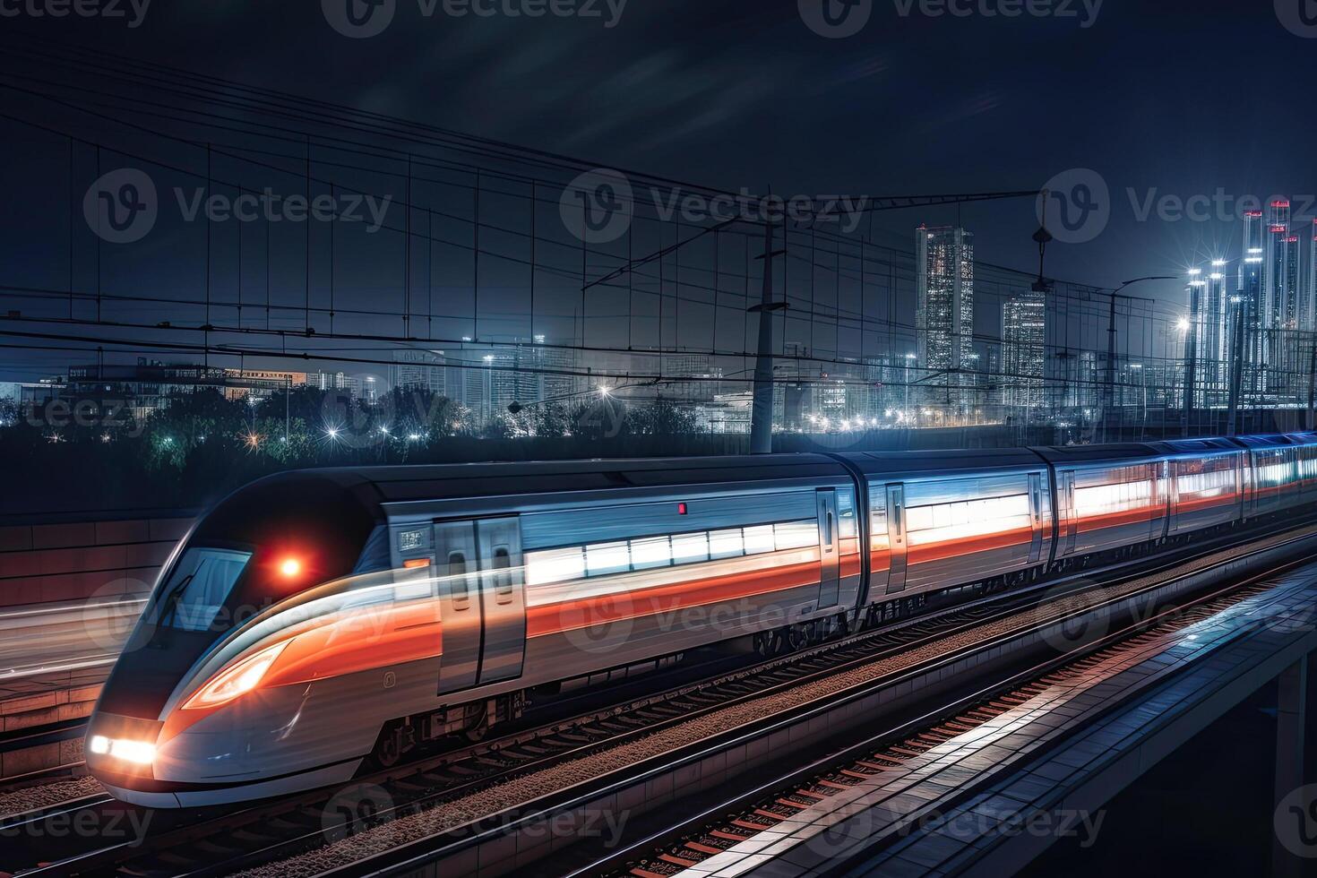 Modern high speed train at night. Fast train in city with motion blur effect, Public transport. Railway transportation. Created with photo