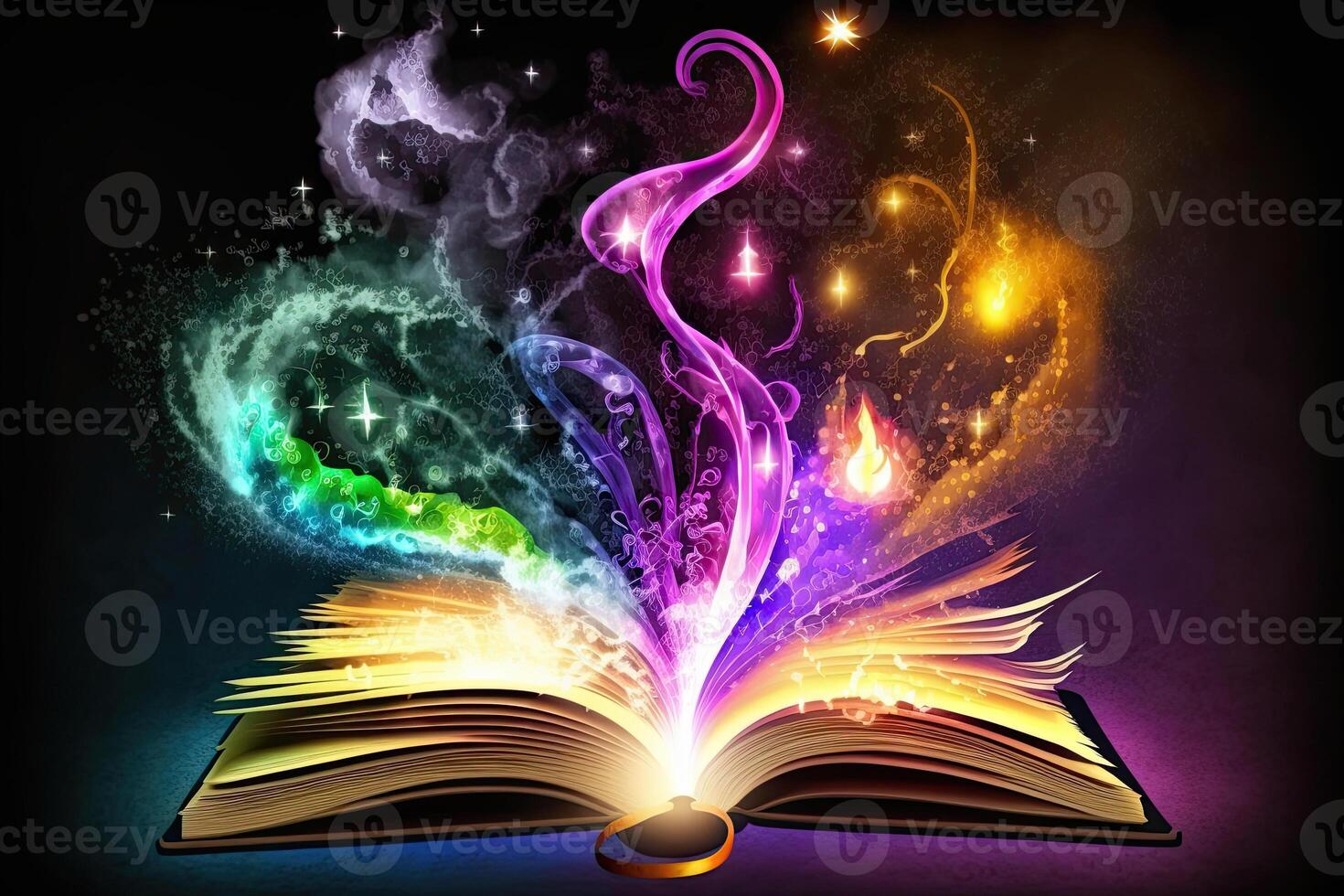 Open magical book with glowing lights over pages on abstract background. Fantasy reading. Created with photo