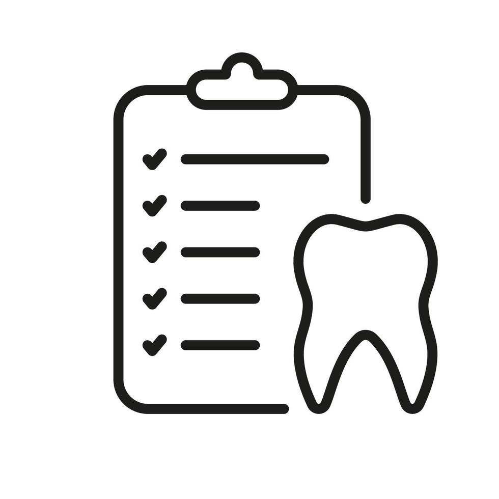 Dental Checkup Line Icon. Tooth and Checklist, Teeth Check Up Concept. Medical Report Linear Pictogram. Dentistry Outline Symbol. Dental Treatment Sign. Editable Stroke. Isolated Vector Illustration.