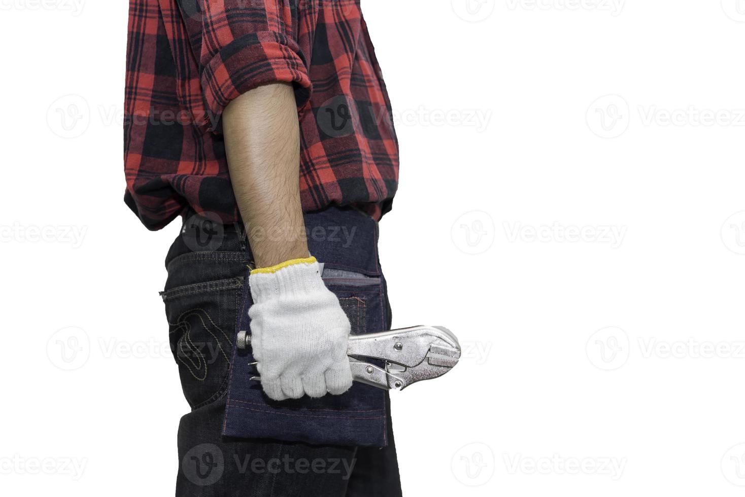 Technician wear helmet with Wrench in hand isolate on white background,Thailand people,Labor day concept photo