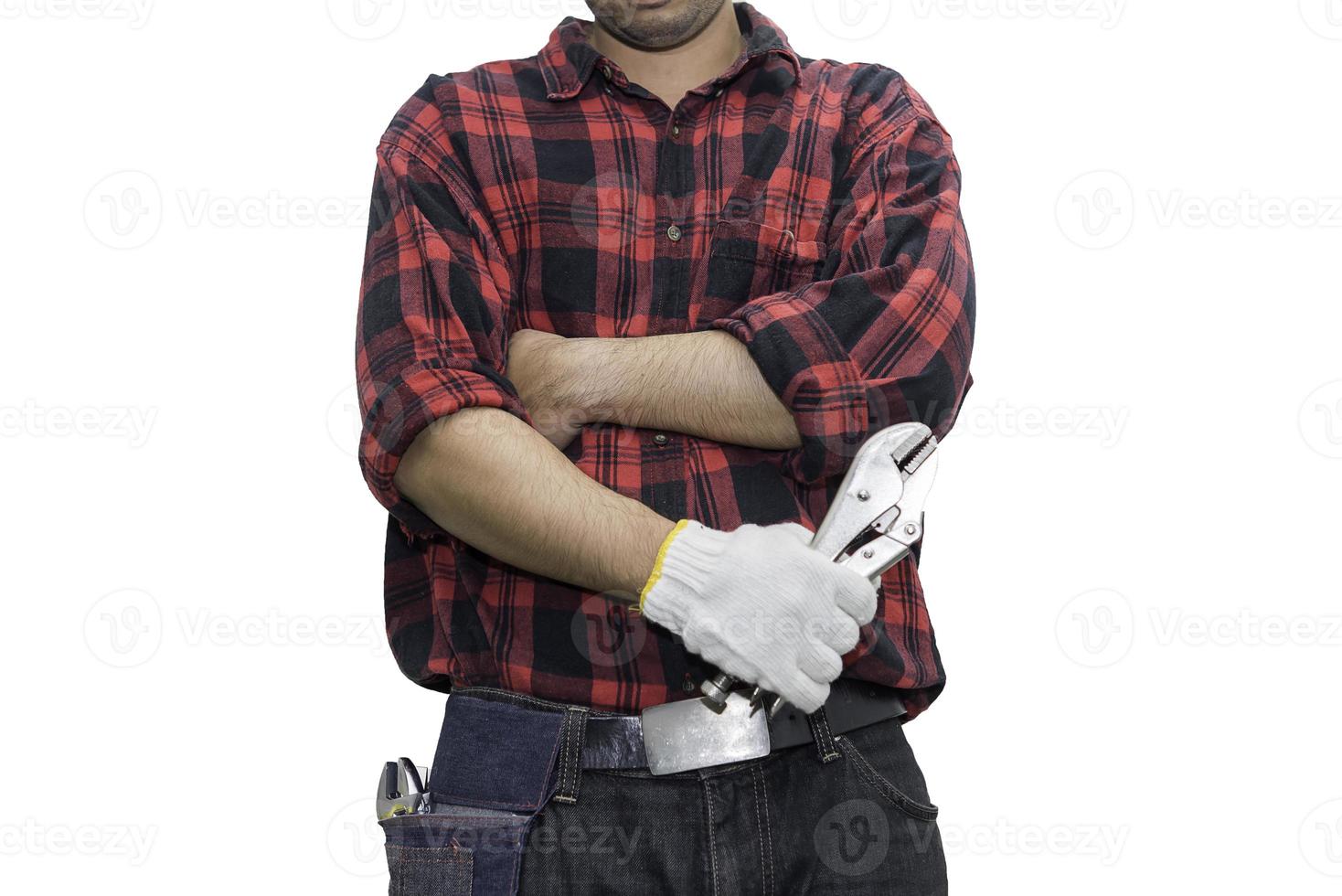 Technician wear helmet with Wrench in hand isolate on white background,Thailand people,Labor day concept photo