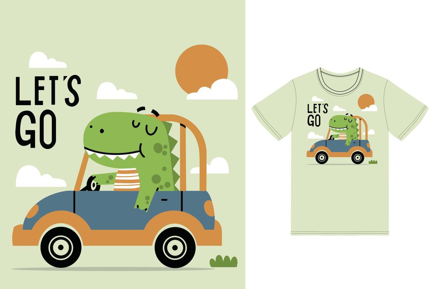 Cute dino driving car illustration with tshirt design premium vector