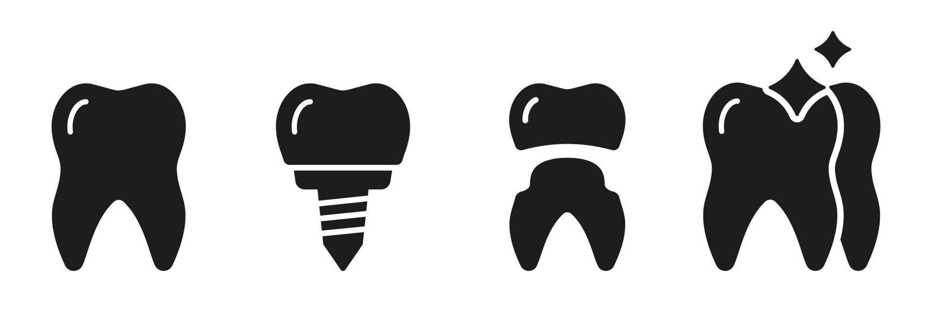 Tooth Care, Veneer Restoration Solid Pictogram Set. Denture Technology. Dental Implantation Treatment. Dentistry Glyph Symbol. Dental Implant Silhouette Icon. Isolated Vector Illustration.