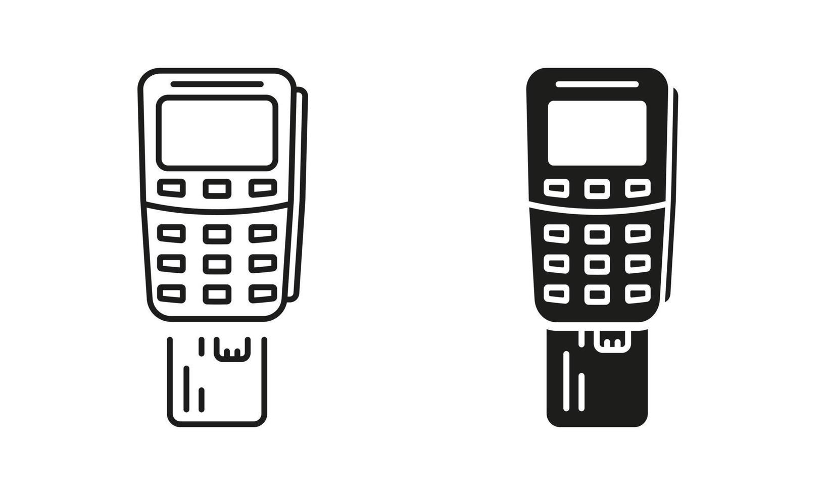 pago terminal con insertado crédito tarjeta línea y silueta icono colocar. banco Servicio financiero transacción pictograma. insertando tarjeta en pos símbolos en blanco antecedentes. aislado vector ilustración.