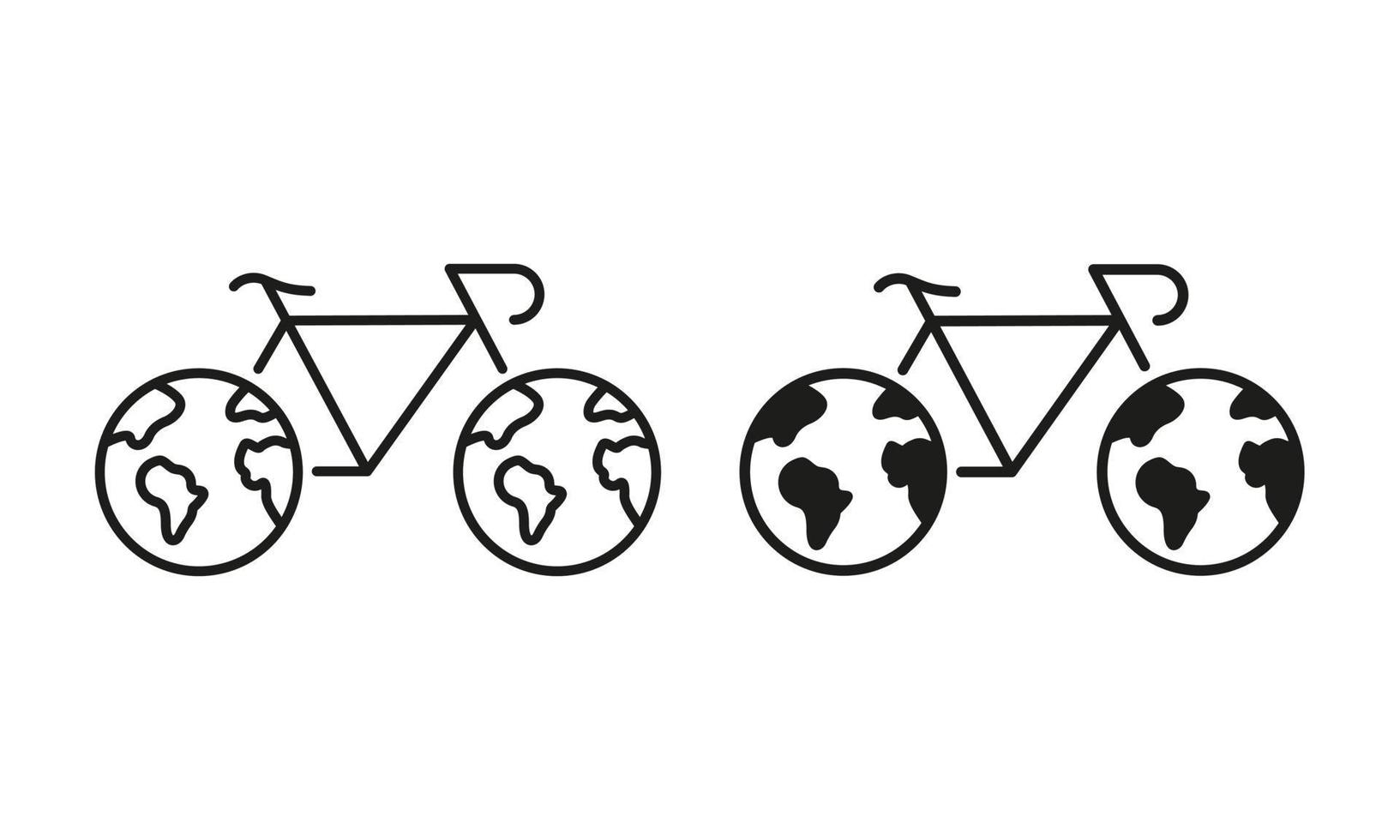 Bike with Wheels in Planet Earth Shape Line and Silhouette Icon Set. Pictogram. Eco Friendly Transport Symbol Collection on White Background. Ecological Bicycle. Isolated Vector Illustration.