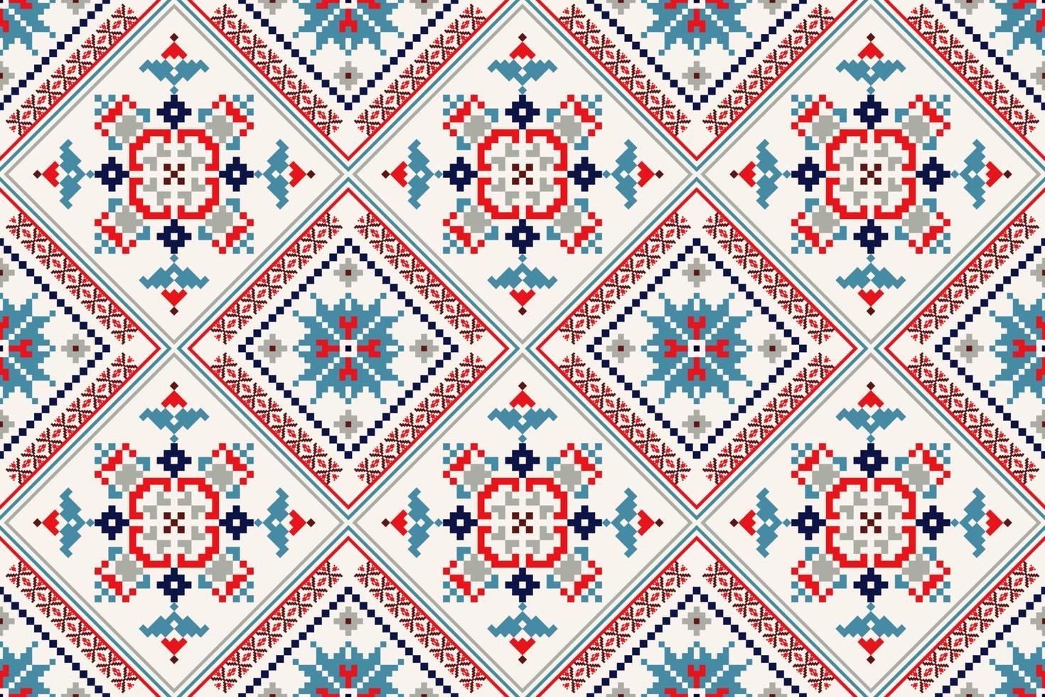 Floral Cross Stitch Embroidery on white background.geometric ethnic oriental seamless pattern traditional.Aztec style abstract vector illustration.design for texture,fabric,clothing,wrapping,carpet.