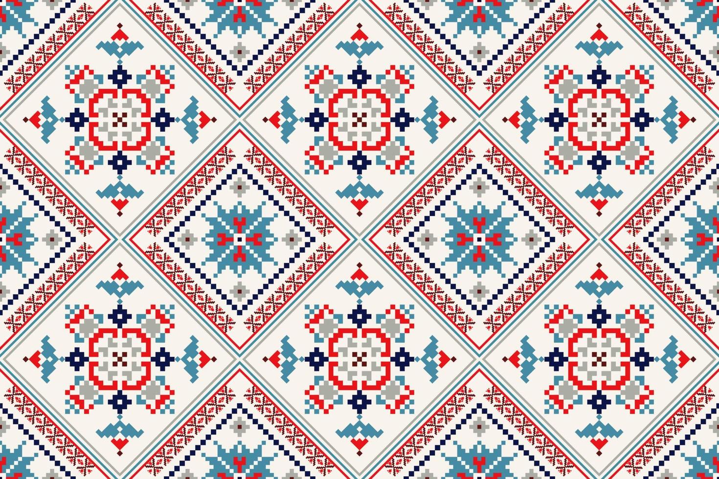 Floral Cross Stitch Embroidery on white background.geometric ethnic oriental seamless pattern traditional.Aztec style abstract vector illustration.design for texture,fabric,clothing,wrapping,carpet.