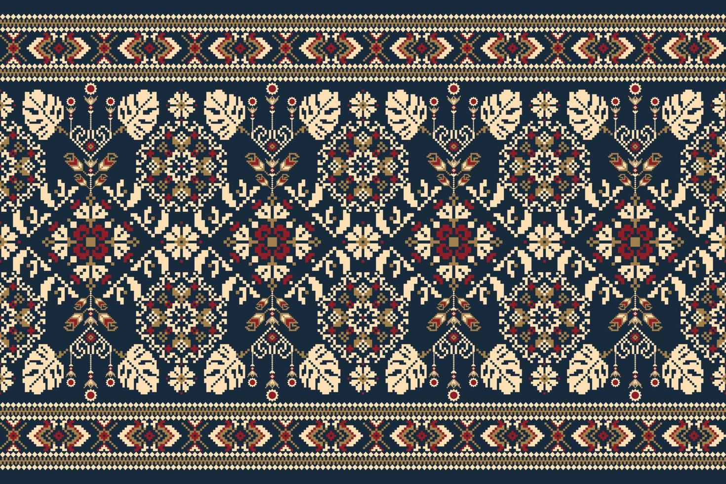 floral de punto bordado en Armada azul fondo.geometrico étnico oriental modelo tradicional.azteca estilo resumen vector ilustración.diseño para textura,tela,ropa,envoltura,decoración,bufanda.