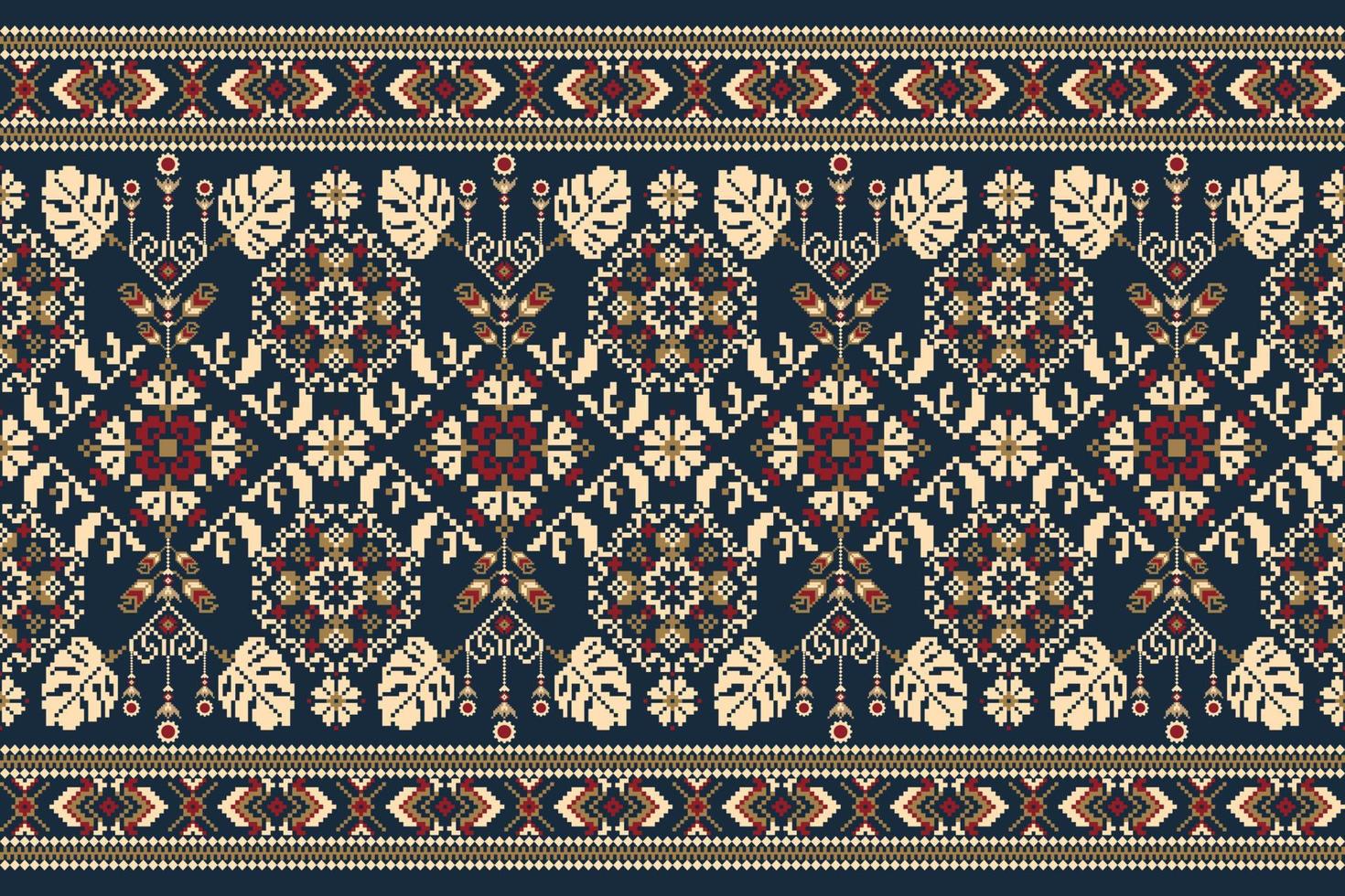 Floral knitted embroidery on navy blue background.geometric ethnic oriental pattern traditional.Aztec style abstract vector illustration.design for texture,fabric,clothing,wrapping,decoration,scarf.