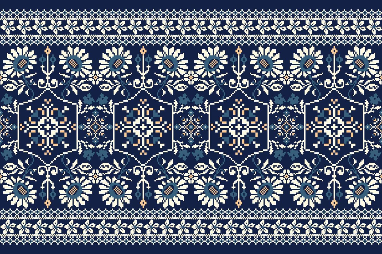 Floral knitted embroidery on navy blue background.geometric ethnic oriental pattern traditional.Aztec style abstract vector illustration.design for texture,fabric,clothing,wrapping,decoration,scarf.