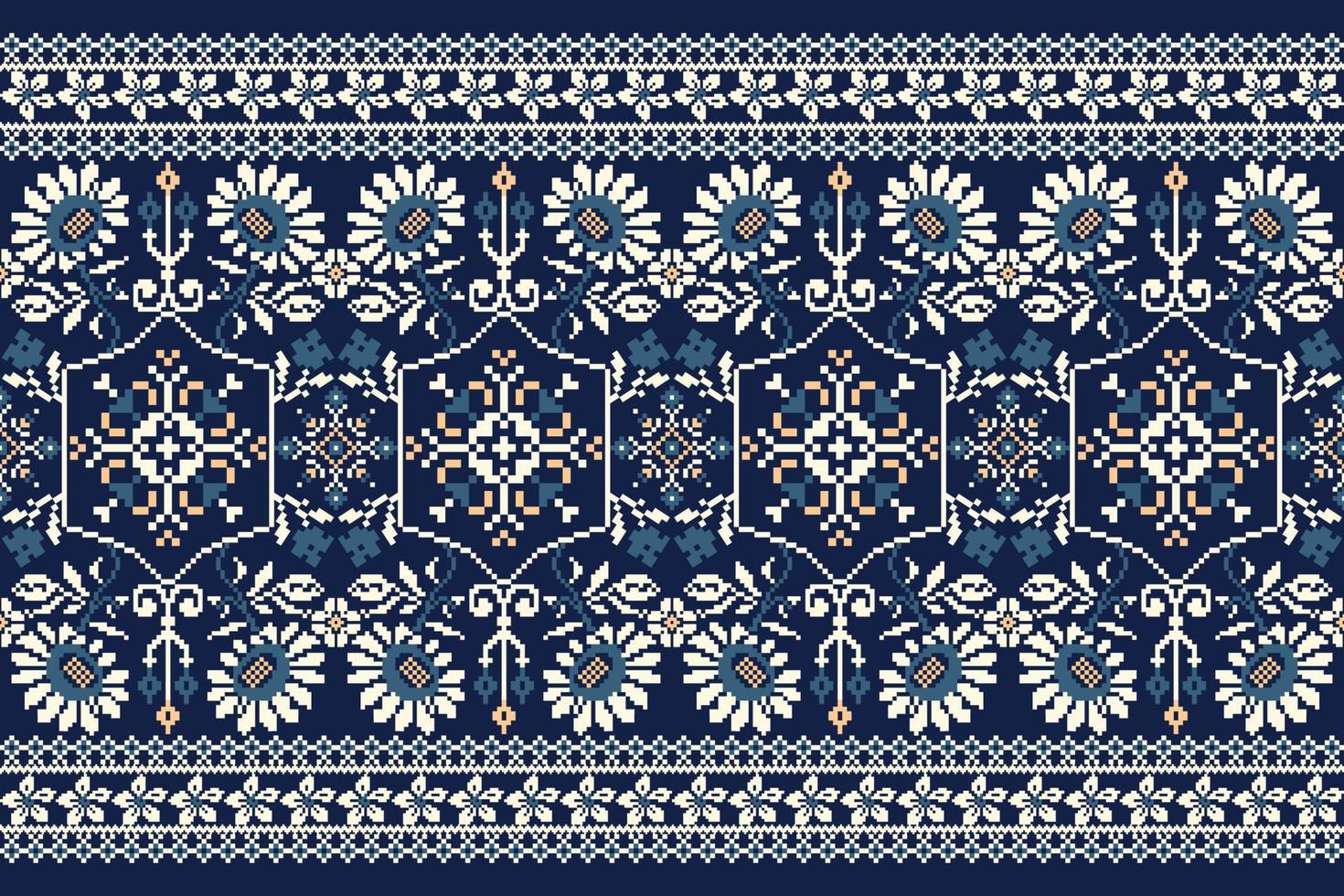 floral de punto bordado en Armada azul fondo.geometrico étnico oriental modelo tradicional.azteca estilo resumen vector ilustración.diseño para textura,tela,ropa,envoltura,decoración,bufanda.