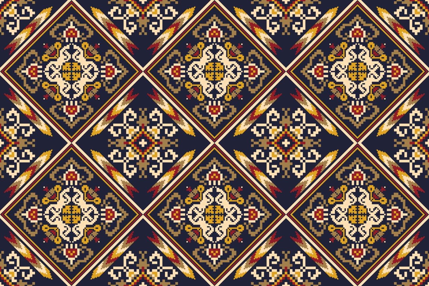 Floral Cross Stitch Embroidery on dark purple background.geometric ethnic oriental seamless pattern traditional.Aztec style abstract vector.design for texture,fabric,clothing,wrapping,decoration,print vector