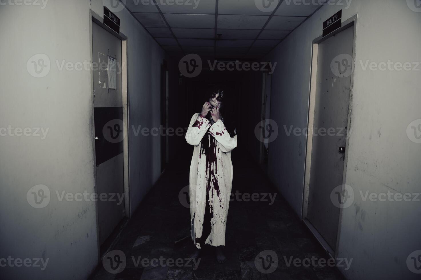 Portrait of asian woman make up ghost,Scary horror scene for background,Halloween festival concept,Ghost movies poster,angry spirit in the apartment photo